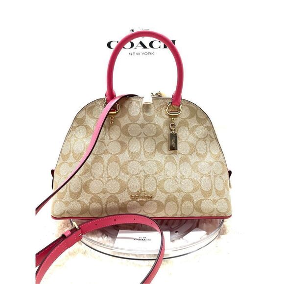 🔥🌺NEW! Coach Katy Satchel Handbag Sig Canvas Khaki/Electric Pink Msrp:$350.00 - Picture 1 of 9